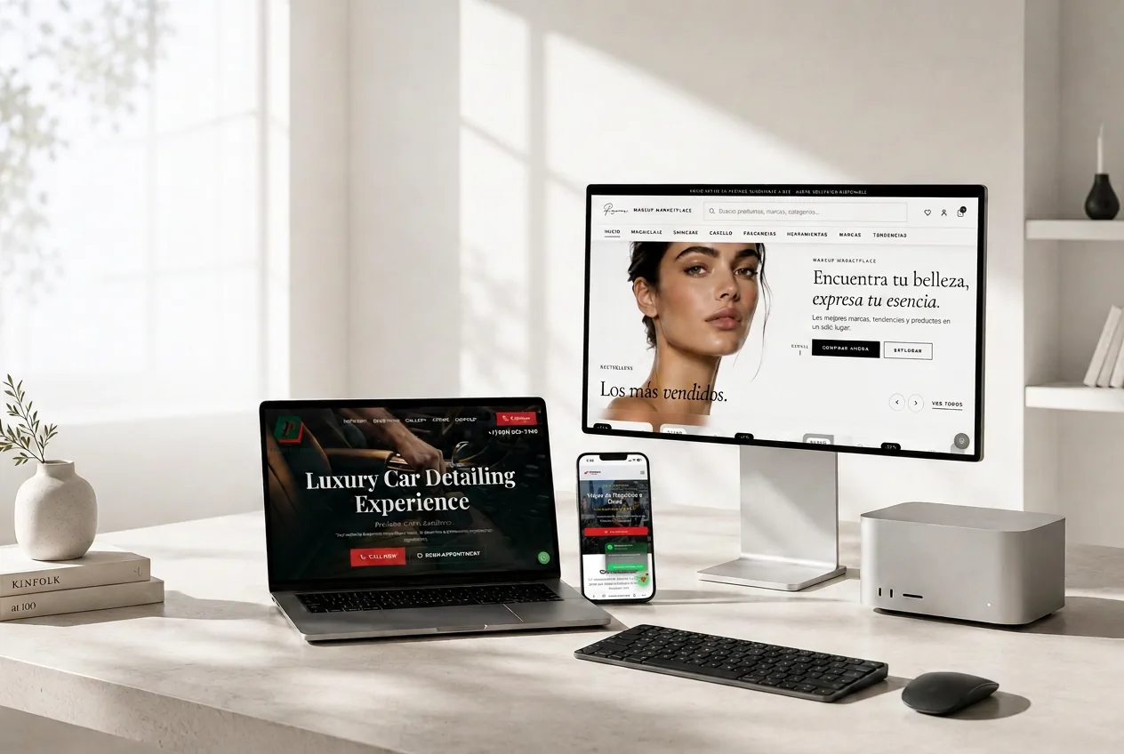Escritorio premium de Triple8 Web Studio con proyectos digitales en MacBook, Studio Display y iPhone
